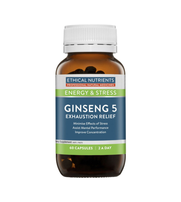 Ethical Nutrients Ginseng 5 Exhaustion Relief assists with concentration, stress and exhaustion.