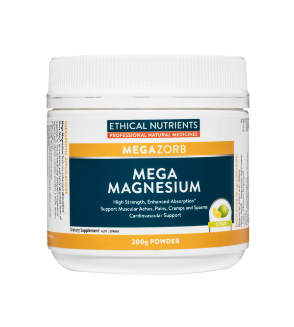 thical Nutrients MEGAZORB Mega Magnesium Citrus helps support muscular aches, pains, cramps and spasms where the dietary intake of Magnesium is inadequate.