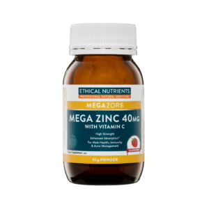 Ethical Nutrients MEGAZORB Mega Zinc 40mg with Vitamin C Raspberry for male health, immunity & acne management.