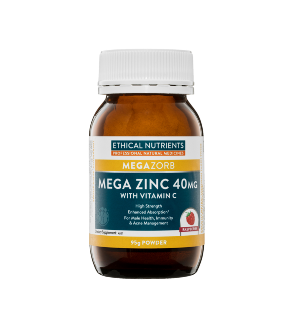 Ethical Nutrients MEGAZORB Mega Zinc 40mg with Vitamin C Raspberry for male health, immunity & acne management.