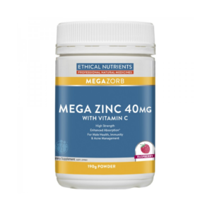 Ethical Nutrients MEGAZORB Mega Zinc 40mg with Vitamin C Powder Raspberry is for male health, immunity & acne management.