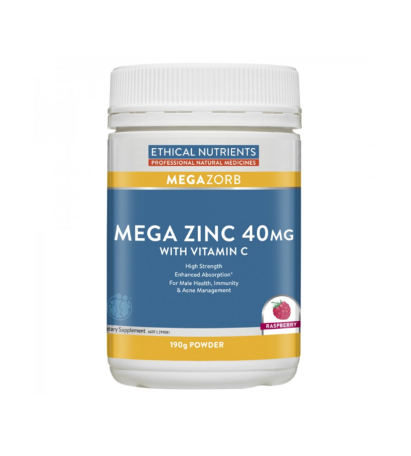 Ethical Nutrients MEGAZORB Mega Zinc 40mg with Vitamin C Powder Raspberry is for male health, immunity & acne management.