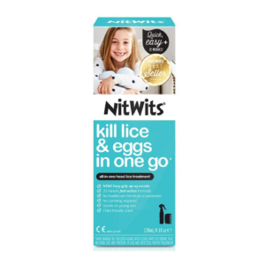 NitWits All in One Head Lice Spray kills head lice and their eggs with no need to comb. Contains a key active ingredient called dimethicone.