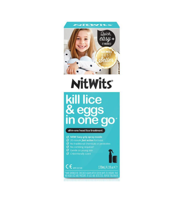 NitWits All in One Head Lice Spray kills head lice and their eggs with no need to comb. Contains a key active ingredient called dimethicone.